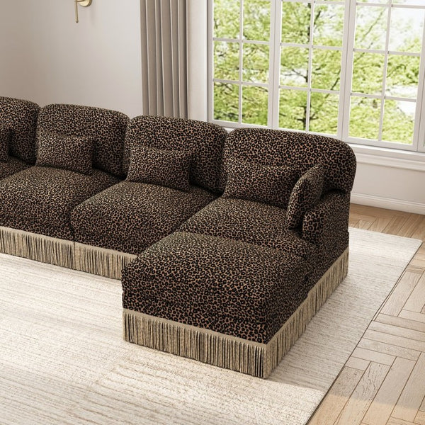 English Elm Large Leopard Chenille Modular Sectional Sofa with Tassel Trim and Lumbar Pillows W5656S00128