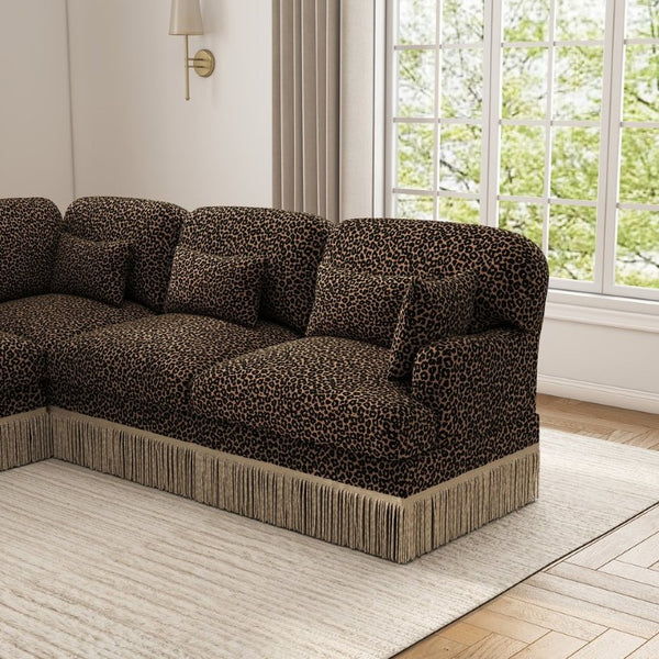English Elm Large Leopard Chenille Modular Sectional Sofa with Tassel Trim and Lumbar Pillows W5656S00128