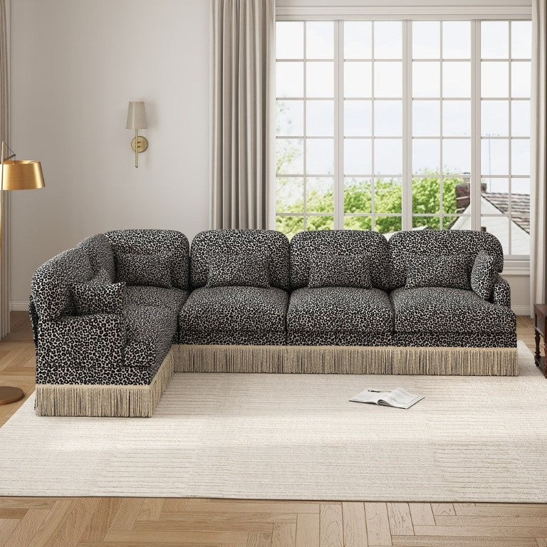 English Elm Large Leopard Chenille Modular Sectional Sofa with Tassel Trim and Seven Accent Pillows W5656S00129