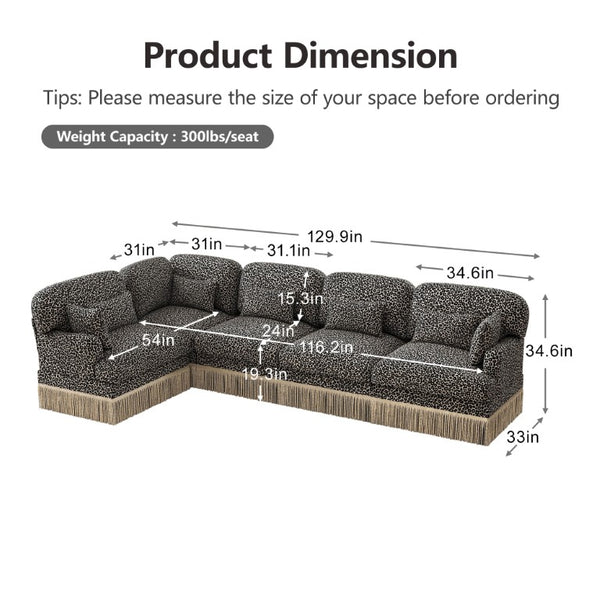 English Elm Large Leopard Chenille Modular Sectional Sofa with Tassel Trim and Seven Accent Pillows W5656S00129
