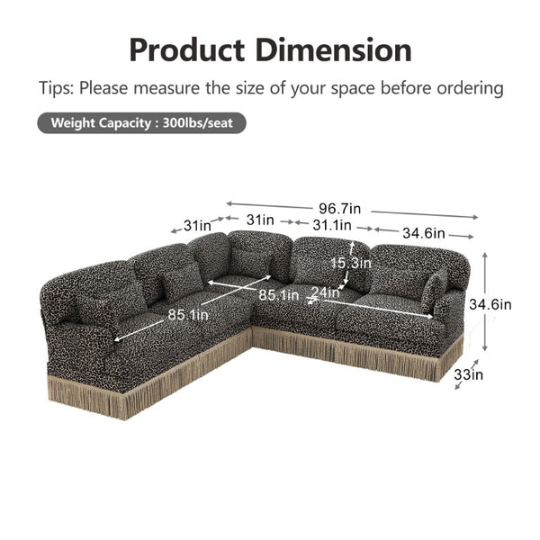 English Elm Large Leopard Chenille Modular Sectional Sofa with Tassel Trim and Seven Accent Pillows W5656S00129