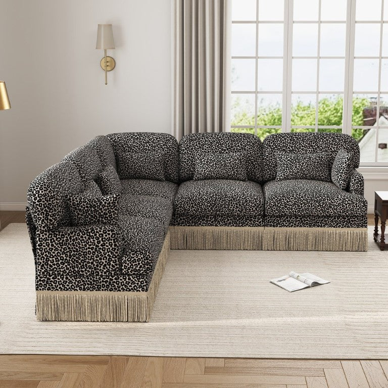 English Elm Large Leopard Chenille Modular Sectional Sofa with Tassel Trim and Seven Accent Pillows W5656S00129