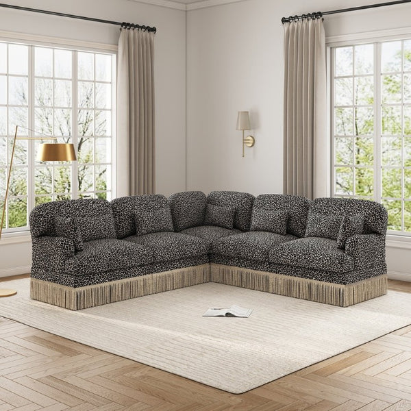 English Elm Large Leopard Chenille Modular Sectional Sofa with Tassel Trim and Seven Accent Pillows W5656S00129