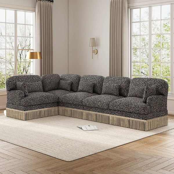 English Elm Large Leopard Chenille Modular Sectional Sofa with Tassel Trim and Seven Accent Pillows W5656S00129