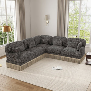 English Elm Large Leopard Chenille Modular Sectional Sofa with Tassel Trim and Seven Accent Pillows W5656S00129
