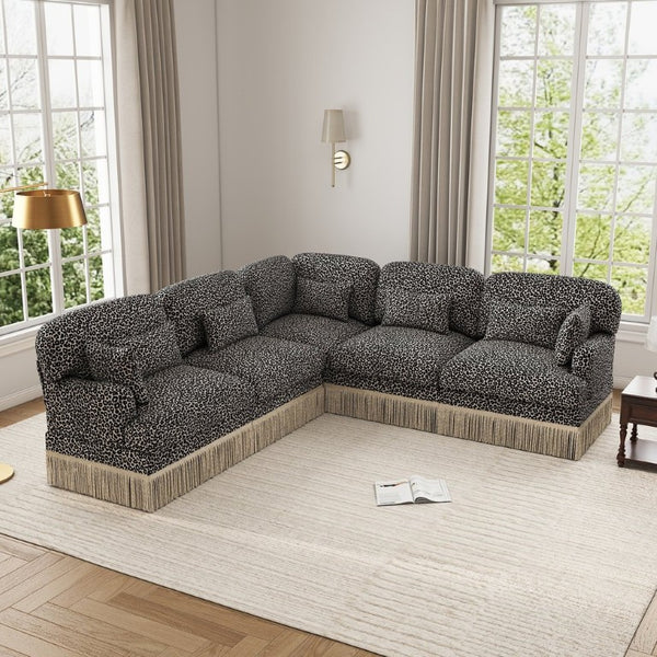 English Elm Large Leopard Chenille Modular Sectional Sofa with Tassel Trim and Seven Accent Pillows W5656S00129