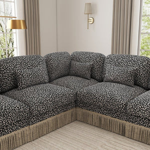 English Elm Large Leopard Chenille Modular Sectional Sofa with Tassel Trim and Seven Accent Pillows W5656S00129