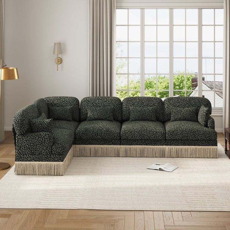English Elm Large Leopard Chenille Sectional Sofa Modular L Shaped Five Seat with Tassel Trim Pillows W5656S00130