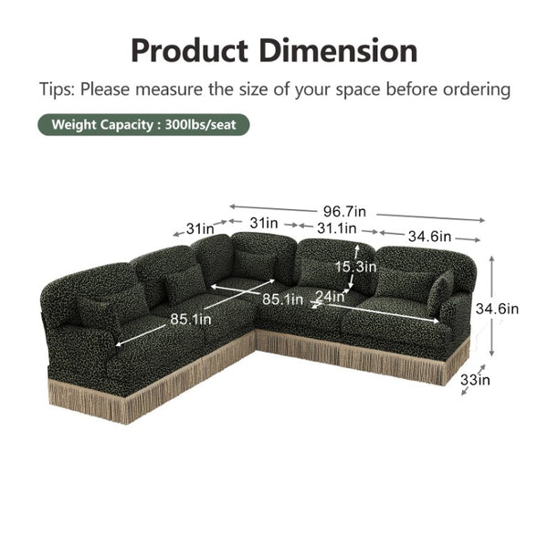 English Elm Large Leopard Chenille Sectional Sofa Modular L Shaped Five Seat with Tassel Trim Pillows W5656S00130