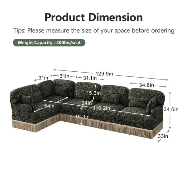 English Elm Large Leopard Chenille Sectional Sofa Modular L Shaped Five Seat with Tassel Trim Pillows W5656S00130