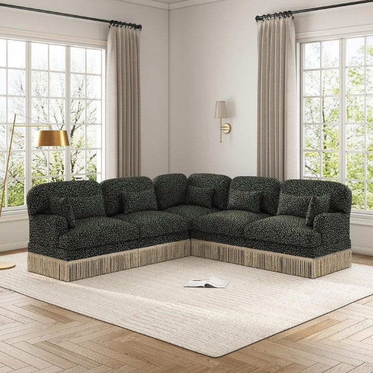 English Elm Large Leopard Chenille Sectional Sofa Modular L Shaped Five Seat with Tassel Trim Pillows W5656S00130