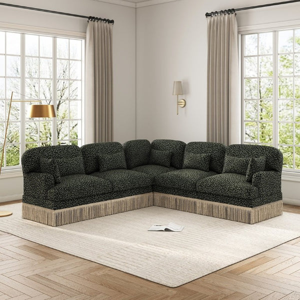 English Elm Large Leopard Chenille Sectional Sofa Modular L Shaped Five Seat with Tassel Trim Pillows W5656S00130