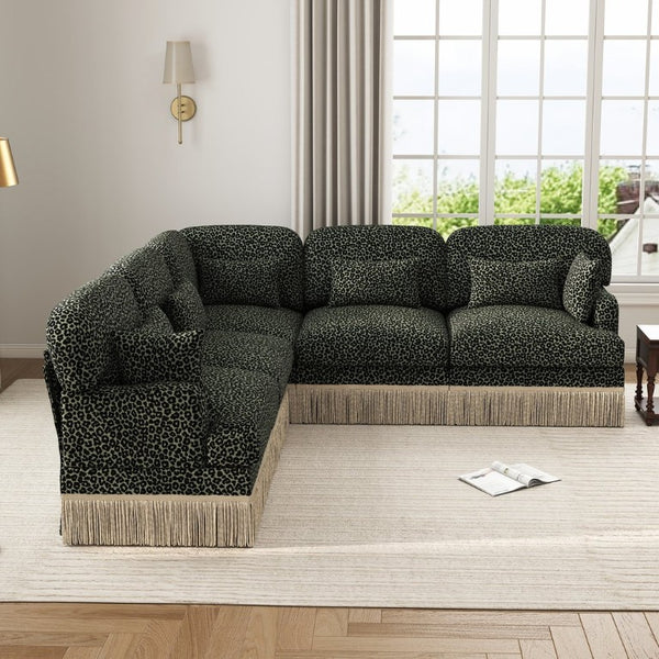 English Elm Large Leopard Chenille Sectional Sofa Modular L Shaped Five Seat with Tassel Trim Pillows W5656S00130