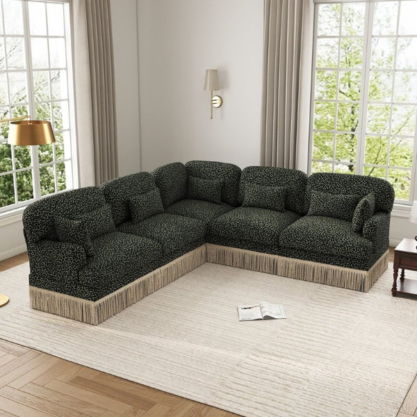 English Elm Large Leopard Chenille Sectional Sofa Modular L Shaped Five Seat with Tassel Trim Pillows W5656S00130