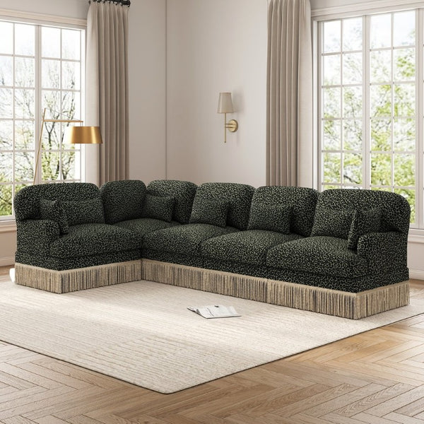 English Elm Large Leopard Chenille Sectional Sofa Modular L Shaped Five Seat with Tassel Trim Pillows W5656S00130