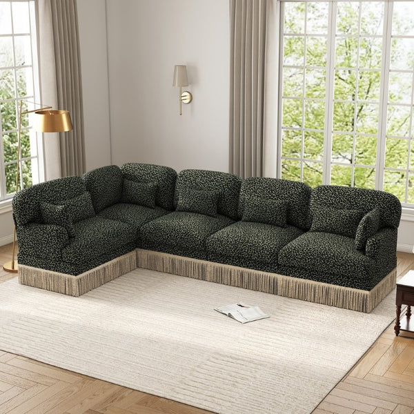 English Elm Large Leopard Chenille Sectional Sofa Modular L Shaped Five Seat with Tassel Trim Pillows W5656S00130