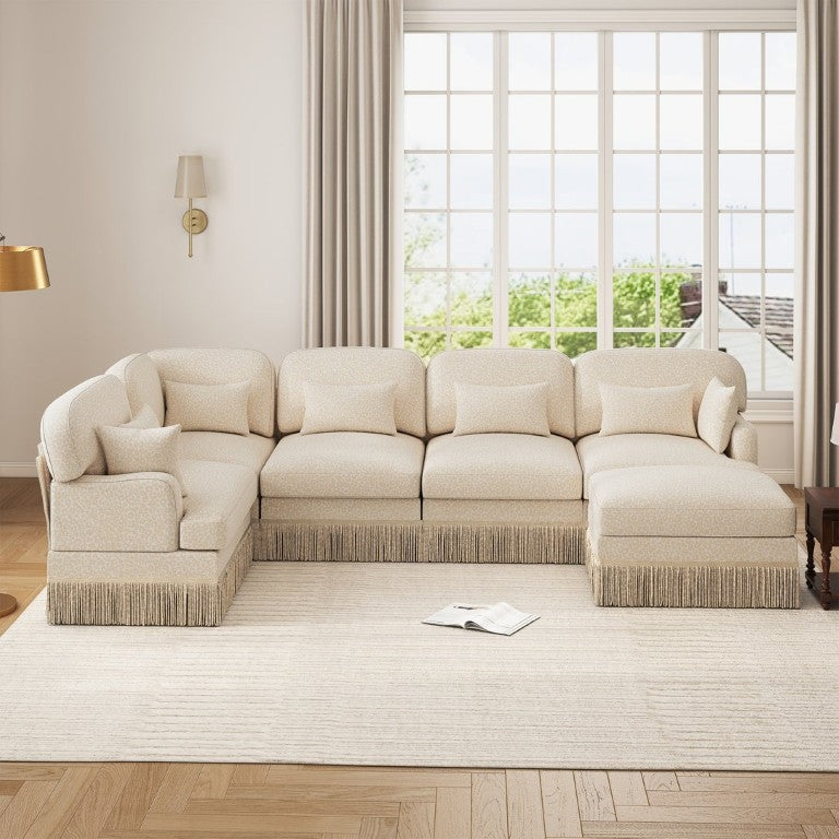 English Elm Large Leopard Chenille Modular Sectional Sofa with Tassel Trim and Movable Ottoman W5656S00131