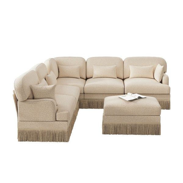 English Elm Large Leopard Chenille Modular Sectional Sofa with Tassel Trim and Movable Ottoman W5656S00131