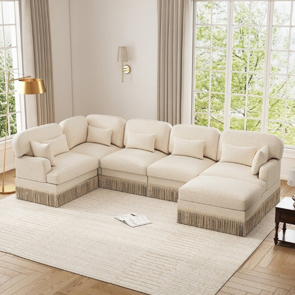 English Elm Large Leopard Chenille Modular Sectional Sofa with Tassel Trim and Movable Ottoman W5656S00131