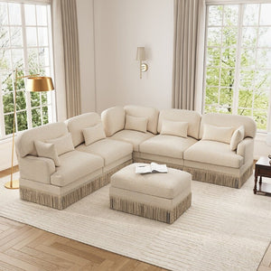 English Elm Large Leopard Chenille Modular Sectional Sofa with Tassel Trim and Movable Ottoman W5656S00131