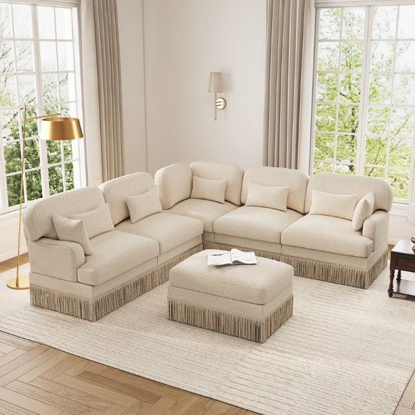 English Elm Large Leopard Chenille Modular Sectional Sofa with Tassel Trim and Movable Ottoman W5656S00131