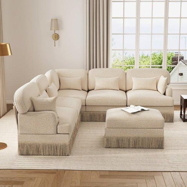 English Elm Large Leopard Chenille Modular Sectional Sofa with Tassel Trim and Movable Ottoman W5656S00131