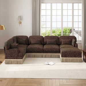 English Elm Large Leopard Chenille Modular Sectional Sofa Tassel Trim Six Seat L Shaped Living Room W5656S00132