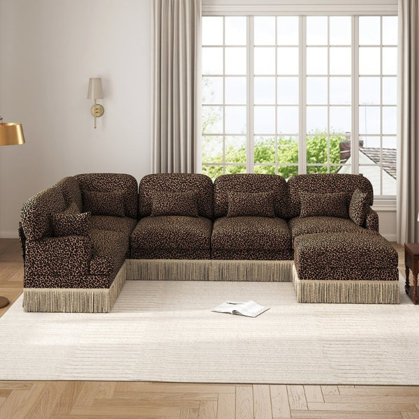 English Elm Large Leopard Chenille Modular Sectional Sofa Tassel Trim Six Seat L Shaped Living Room W5656S00132