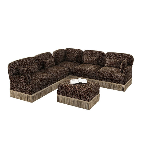 English Elm Large Leopard Chenille Modular Sectional Sofa Tassel Trim Six Seat L Shaped Living Room W5656S00132
