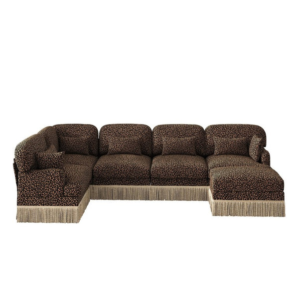 English Elm Large Leopard Chenille Modular Sectional Sofa Tassel Trim Six Seat L Shaped Living Room W5656S00132