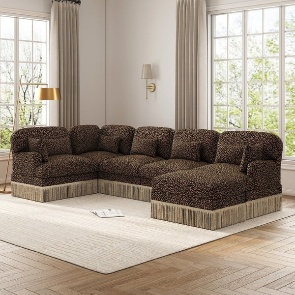 English Elm Large Leopard Chenille Modular Sectional Sofa Tassel Trim Six Seat L Shaped Living Room W5656S00132