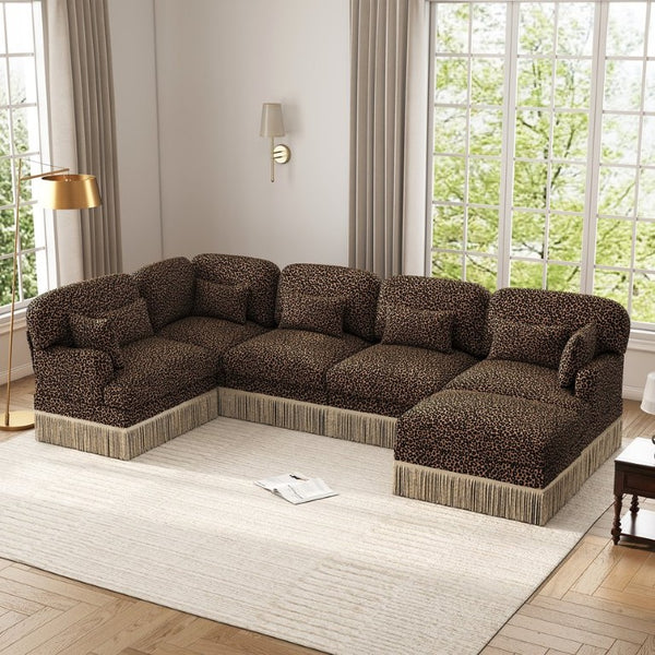 English Elm Large Leopard Chenille Modular Sectional Sofa Tassel Trim Six Seat L Shaped Living Room W5656S00132