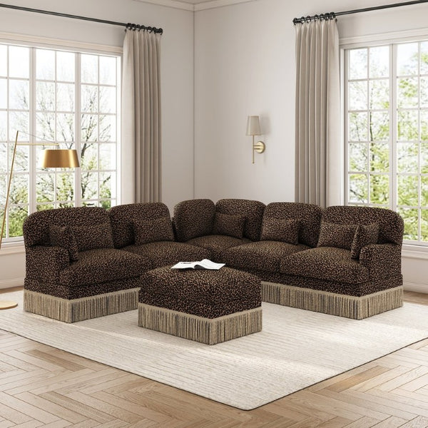English Elm Large Leopard Chenille Modular Sectional Sofa Tassel Trim Six Seat L Shaped Living Room W5656S00132