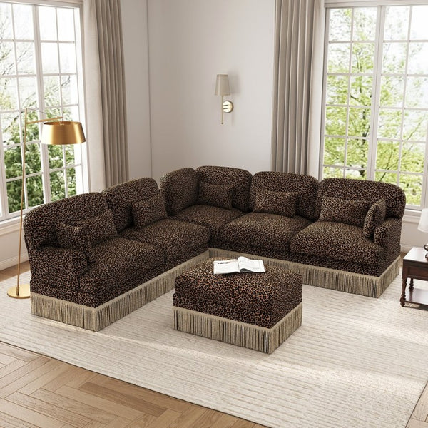 English Elm Large Leopard Chenille Modular Sectional Sofa Tassel Trim Six Seat L Shaped Living Room W5656S00132