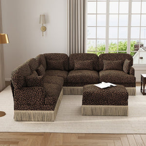 English Elm Large Leopard Chenille Modular Sectional Sofa Tassel Trim Six Seat L Shaped Living Room W5656S00132