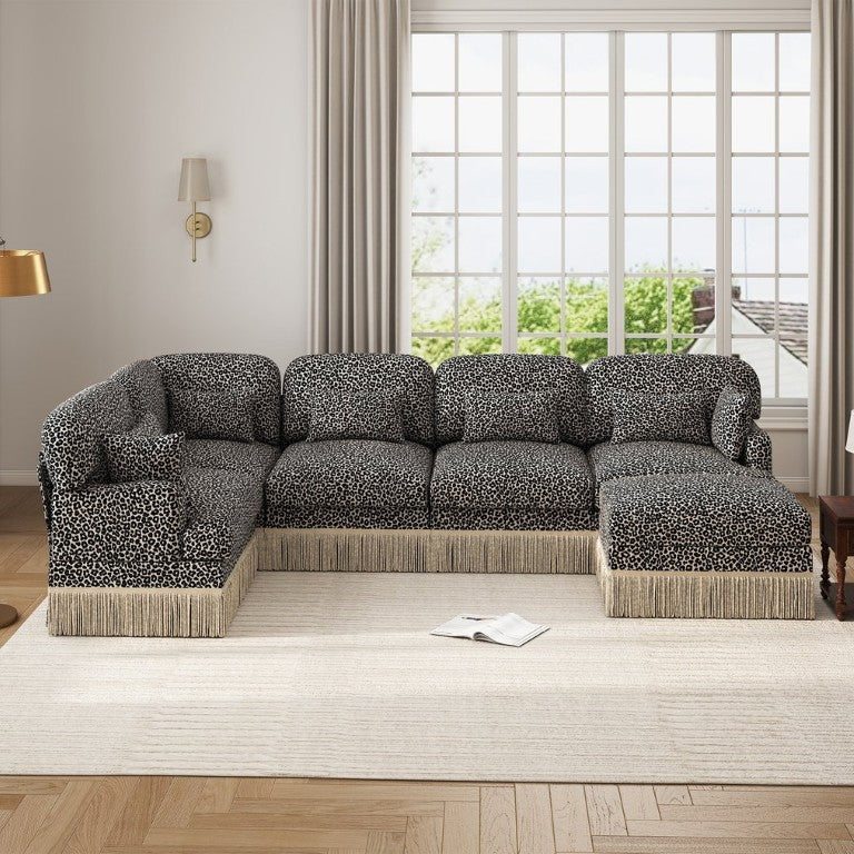 English Elm Large Modular L Shaped Sectional with Chenille Leopard Print Tassel Trim Six Seat Sofa W5656S00133