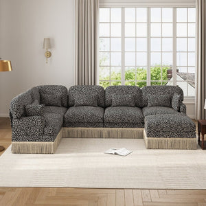 English Elm Large Modular L Shaped Sectional with Chenille Leopard Print Tassel Trim Six Seat Sofa W5656S00133