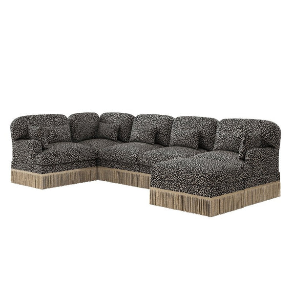 English Elm Large Modular L Shaped Sectional with Chenille Leopard Print Tassel Trim Six Seat Sofa W5656S00133