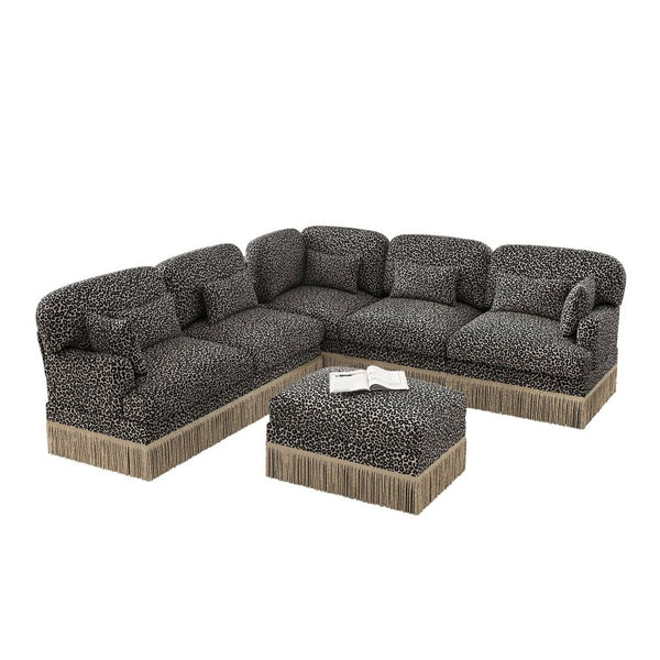 English Elm Large Modular L Shaped Sectional with Chenille Leopard Print Tassel Trim Six Seat Sofa W5656S00133