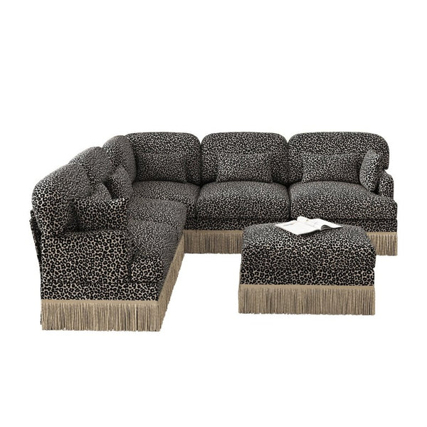 English Elm Large Modular L Shaped Sectional with Chenille Leopard Print Tassel Trim Six Seat Sofa W5656S00133