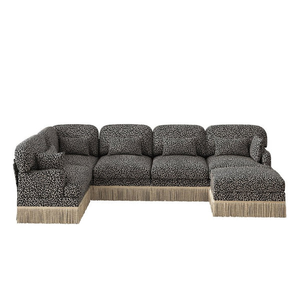 English Elm Large Modular L Shaped Sectional with Chenille Leopard Print Tassel Trim Six Seat Sofa W5656S00133
