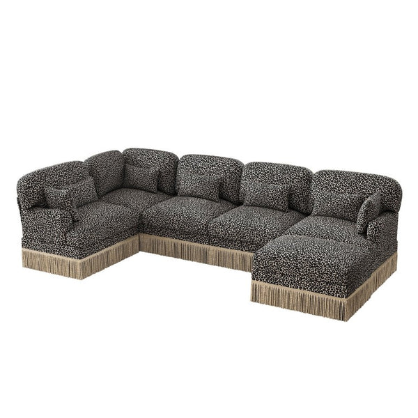 English Elm Large Modular L Shaped Sectional with Chenille Leopard Print Tassel Trim Six Seat Sofa W5656S00133