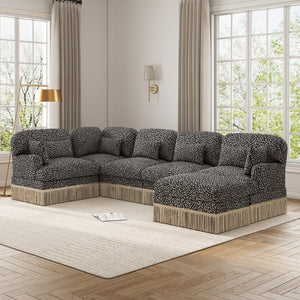 English Elm Large Modular L Shaped Sectional with Chenille Leopard Print Tassel Trim Six Seat Sofa W5656S00133