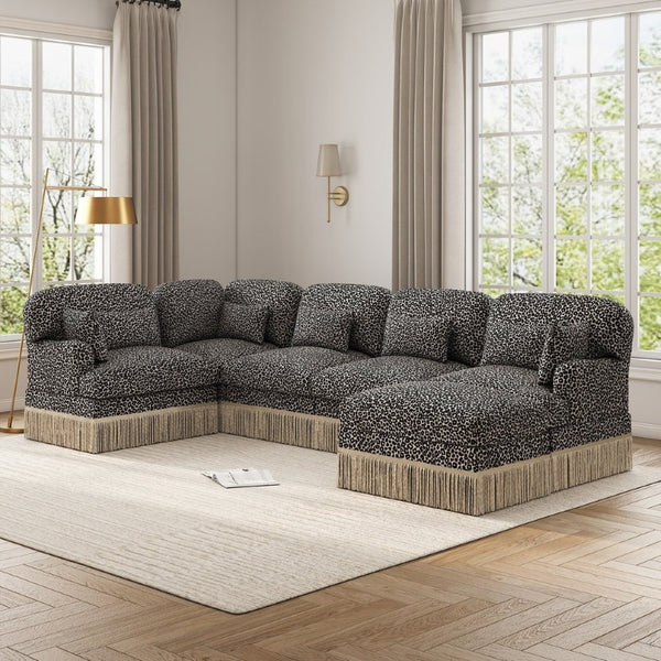 English Elm Large Modular L Shaped Sectional with Chenille Leopard Print Tassel Trim Six Seat Sofa W5656S00133