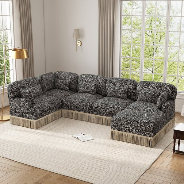 English Elm Large Modular L Shaped Sectional with Chenille Leopard Print Tassel Trim Six Seat Sofa W5656S00133