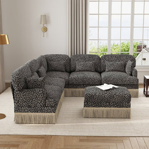 English Elm Large Modular L Shaped Sectional with Chenille Leopard Print Tassel Trim Six Seat Sofa W5656S00133