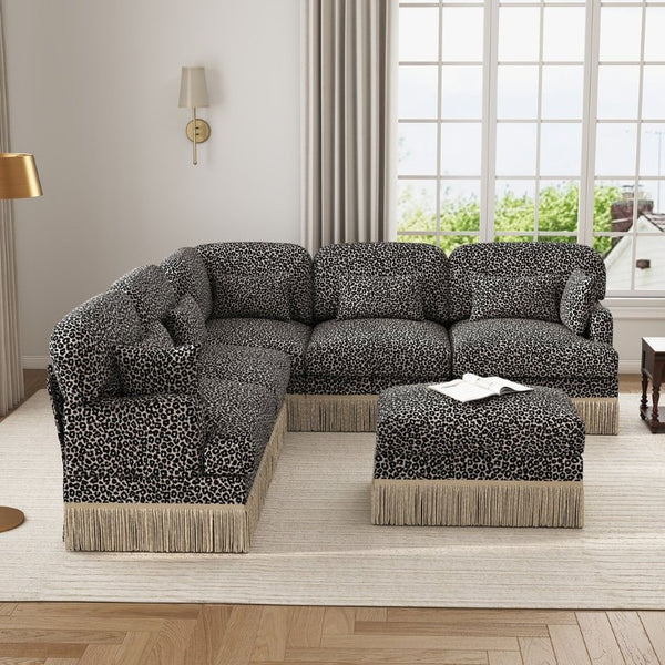 English Elm Large Modular L Shaped Sectional with Chenille Leopard Print Tassel Trim Six Seat Sofa W5656S00133