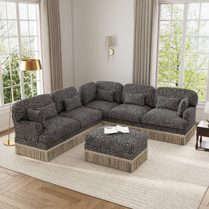 English Elm Large Modular L Shaped Sectional with Chenille Leopard Print Tassel Trim Six Seat Sofa W5656S00133