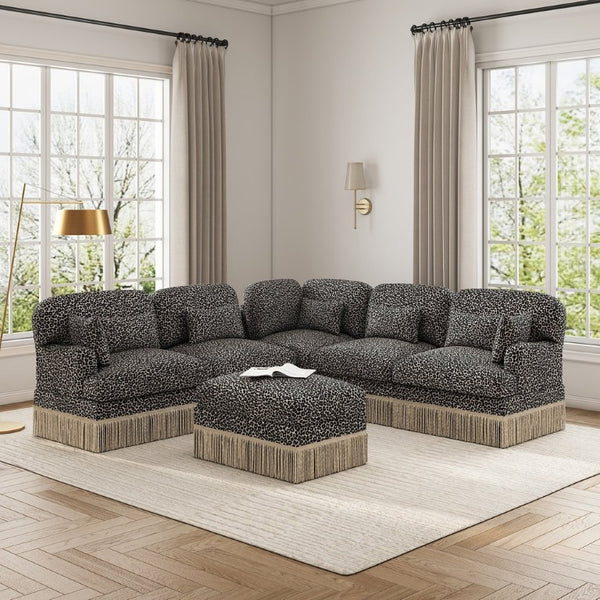 English Elm Large Modular L Shaped Sectional with Chenille Leopard Print Tassel Trim Six Seat Sofa W5656S00133