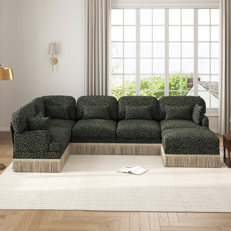 English Elm Large Modular Chenille Sectional Sofa with Leopard Print Tassel Trim and Ottoman W5656S00134